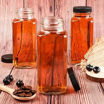 HINGWAH 8.5 OZ Glass Drink Bottles, Set of 12 Vintage Glass Water Bottles with Lids, Great for storing Juices, Milk, Beverages, Kombucha and More (Labels and Sponge Brush Included)