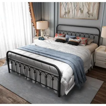 YALAXON Vintage Sturdy Queen Size Metal Bed Frame - Elegant Design with Storage Solution