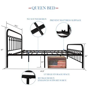 YALAXON Vintage Metal Queen Bed Frame with Headboard
