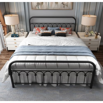 YALAXON Vintage Metal Queen Bed Frame with Headboard