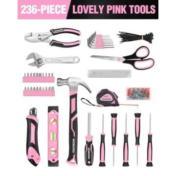 WORKPRO Pink Tool Kit - 236 Pieces Pink Tool Set with Easy Carrying Round Pouch, Household Tool Kit Perfect for DIY, Home Maintenance - Pink Ribbon