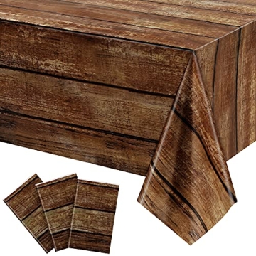 Irenare Brown Wood Grain Tablecloths – 3 Pcs Rustic Plastic Table Covers for Parties