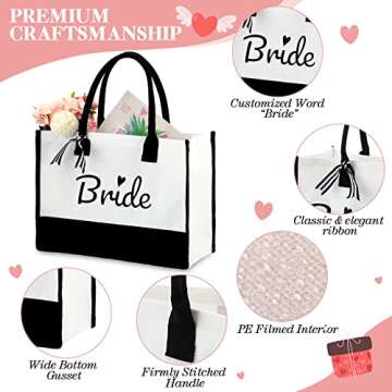 12 Pieces Bride Personalized Tote Bags Bulk Reusable Canvas Handbag with Handle Bride Gifts for Bachelorette Party, Bridal Shower, Wedding, Engagement, Black and White