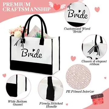 12 Pieces Bride Personalized Tote Bags Bulk Reusable Canvas Handbag with Handle Bride Gifts for Bachelorette Party, Bridal Shower, Wedding, Engagement, Black and White