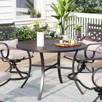 MFSTUDIO 42" Big Outdoor Dining Table with Adjustable mbrella Hole, Patio Metal All-Weather Round Ta...
