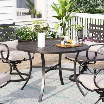 MFSTUDIO 42" Big Outdoor Dining Table with Adjustable mbrella Hole, Patio Metal All-Weather Round Ta...