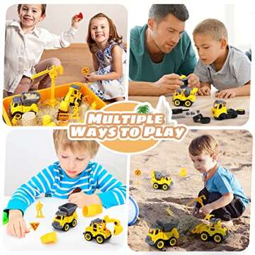 OENUX Play Sand Construction Set, Beach Building Castle Kit w/ 2.2lbs Play Sand, 4 Take Apart Construction Trucks Toys and Signs, Sensory Sandbox with Cover for Boy Girl Kid Toddlers Age 3-8
