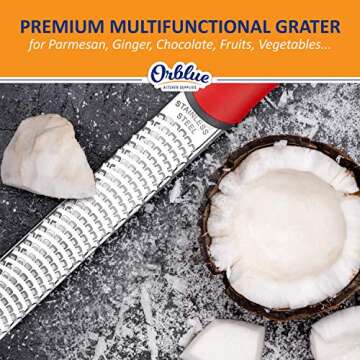 Orblue Lemon Zester & Cheese Grater - Premium Citrus Zester, Kitchen Grater for Parmesan, Chocolate, Fruits, Vegetables, Ginger, Garlic, Nutmeg - Stainless Steel Blades with Protective Cover, Red