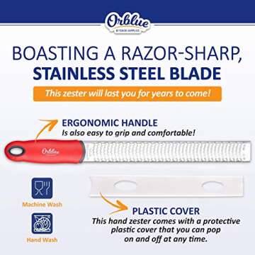 Orblue Lemon Zester & Cheese Grater - Premium Citrus Zester, Kitchen Grater for Parmesan, Chocolate, Fruits, Vegetables, Ginger, Garlic, Nutmeg - Stainless Steel Blades with Protective Cover, Red