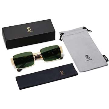 SOJOS Retro Fashion Rectangle Sunglasses Womens Mens Vintage Trendy Square Shades SJ1162, Gold/Green