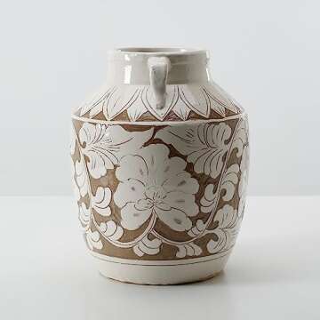 Artissance Tall Off White Amalfi Double Glazed Two Handles Vase with Flower Motif 7.8x7.8x10.4H