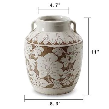 Artissance Tall Off White Amalfi Double Glazed Two Handles Vase with Flower Motif 7.8x7.8x10.4H
