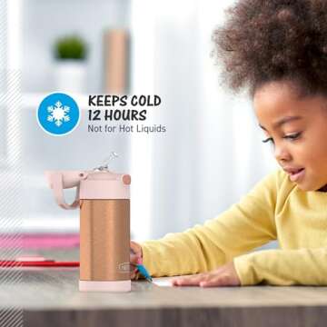 THERMOS FUNTAINER Water Bottle with Straw - 12 Ounce - Kids Stainless Steel Vacuum Insulated Water Bottle with Lid, Rose Gold Glitter