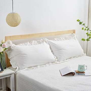 Mywinlle Shabby Off White Ruffle Pillow Shams Standard Size Set of 2, Washed Cotton Farmhouse Pillow...