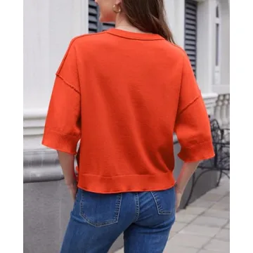ZDC Women's Oversized Sweaters Summer 3/4 Sleeve Casual Cropped Tops Lightweight Loose Fit Knit Pullover Orange