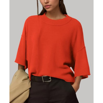 ZDC Women's Oversized Sweaters Summer 3/4 Sleeve Casual Cropped Tops Lightweight Loose Fit Knit Pullover Orange