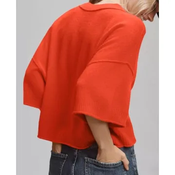 ZDC Women's Oversized Sweaters Summer 3/4 Sleeve Casual Cropped Tops Lightweight Loose Fit Knit Pullover Orange
