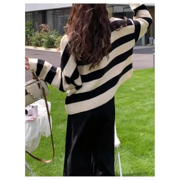 GORGLITTER Women's Button Up Striped Cardigan Long Sleeve 2024 Winter Trendy Drop Shoulder Sweater Outerwear Large Beige and Black