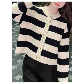 GORGLITTER Women's Button Up Striped Cardigan Long Sleeve 2024 Winter Trendy Drop Shoulder Sweater Outerwear Large Beige and Black
