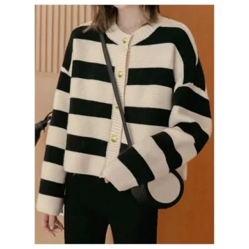 GORGLITTER Women's Button Up Striped Cardigan Long Sleeve 2024 Winter Trendy Drop Shoulder Sweater Outerwear Large Beige and Black