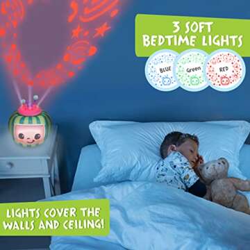 Sunny Days Entertainment CoComelon Official Musical Projector Night Light | Soft Plush Melon Body | Plays Bedtime Songs and Lights Up | Sleep Soother for Toddlers