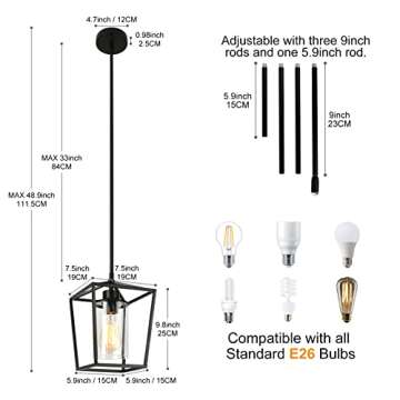 GZJunYo 1-Light Black Pendant Light Fixture Farmhouse Iron Cage Metal Pendant Light Lantern Hanging Light Fixtures with Clear Glass Shade for Kitchen Island, Entryway, Dining Room, Hallway