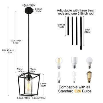 GZJunYo 1-Light Black Pendant Light Fixture Farmhouse Iron Cage Metal Pendant Light Lantern Hanging Light Fixtures with Clear Glass Shade for Kitchen Island, Entryway, Dining Room, Hallway