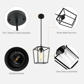 GZJunYo 1-Light Black Pendant Light Fixture Farmhouse Iron Cage Metal Pendant Light Lantern Hanging Light Fixtures with Clear Glass Shade for Kitchen Island, Entryway, Dining Room, Hallway