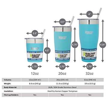 Healthy Human Stainless Steel Tumbler with Straw & Lid | Splash Proof Insulated Travel Cup | Eco-Friendly Coffee Tumblers | Water Cups with Straws Cleaner and Splash Proof Lids (20oz, Glacier)