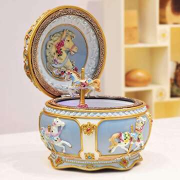 Briskfeel Classical Carousel Horse Music Box LED lights Twinkling Resin Carved Collectible Mechanica...