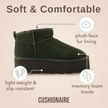 CUSHIONAIRE Hippy Women’s Platform Ankle Boots – Genuine Suede, Faux Fur Lining, Cozy Winter Slip-On Design boots for women, GREEN 9