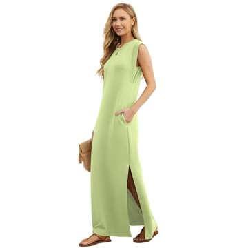 GRECERELLE Women Summer Petite Round Neck Loose Split Casual Maxi Dress with Pockets (X-Small, Avoca...