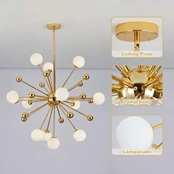 KCO Lighting Modern Gold Sputnik Chandelier 12-Light Milk Glass Globe Pendant Light Fixture Mid Century Starburst Chandelier Contemporary Dining Lights Ceiling Hanging Lamp (12-Light)