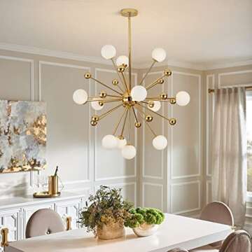 KCO Lighting Modern Gold Sputnik Chandelier 12-Light Milk Glass Globe Pendant Light Fixture Mid Century Starburst Chandelier Contemporary Dining Lights Ceiling Hanging Lamp (12-Light)