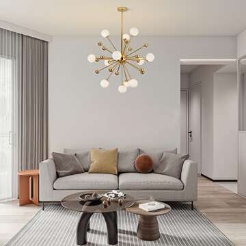 KCO Lighting Modern Gold Sputnik Chandelier 12-Light Milk Glass Globe Pendant Light Fixture Mid Century Starburst Chandelier Contemporary Dining Lights Ceiling Hanging Lamp (12-Light)