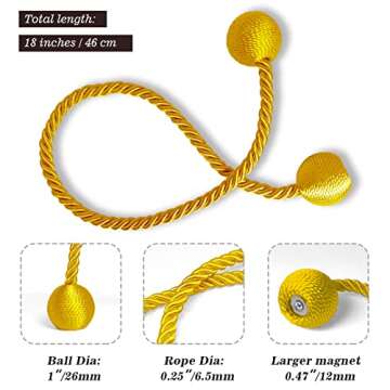 Hion Magnetic Curtain Tiebacks Golden 2pcs, Curtain Tiebacks Buckles Holdbacks Holders Hooks Clip fo...