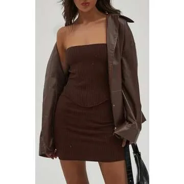 CHYRII Womens Sexy Summer Two Piece Outfits Bandeau Going Out Crop Tops Bodycon Skirt Sets Mini Dress Coffee XS