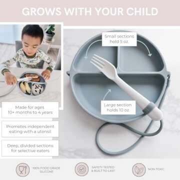 DropLess Plate, Silicone Suction Plates for Baby With Utensil Attachment, Toddler Plates, Baby Plates With Suction, Promotes Self Feeding, BPA & Toxic Free, Dishwasher & Microwave Safe Baby Dishes
