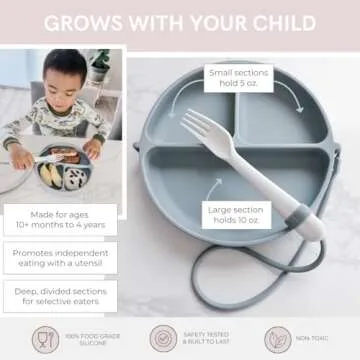 DropLess Plate, Silicone Suction Plates for Baby With Utensil Attachment, Toddler Plates, Baby Plates With Suction, Promotes Self Feeding, BPA & Toxic Free, Dishwasher & Microwave Safe Baby Dishes
