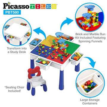 PicassoTiles Kids Multi Activity Table, Storage Bin & Chair Set Combo, 581 PCs Building Block with M...