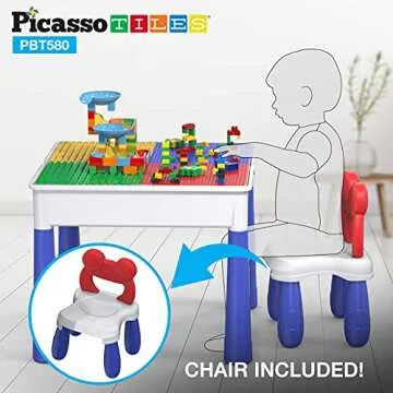 PicassoTiles Kids Multi Activity Table, Storage Bin & Chair Set Combo, 581 PCs Building Block with Marble Run Play Table Compatible with Building Bricks Blocks STEM Toy for Boys & Girls Ages 3+