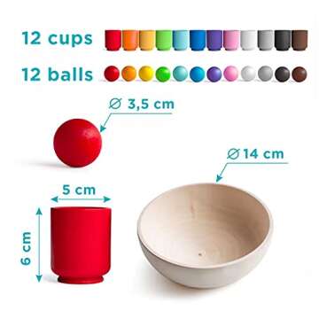 Ulanik Balls in Cups Large Toddler Montessori Toys for 1+ Year Old Kids Wooden Matching Game for Learning Color Sorting & Counting — 12 Balls, 1.38 in