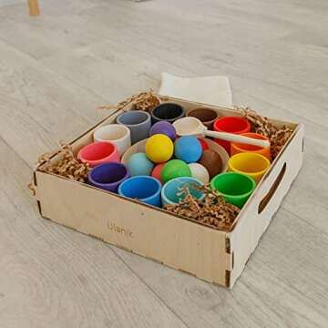 Ulanik Balls in Cups Large Toddler Montessori Toys for 1+ Year Old Kids Wooden Matching Game for Learning Color Sorting & Counting — 12 Balls, 1.38 in