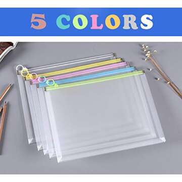 5Packs 9 3/4 x 13 Clear Plastic Zip Envelopes Letter File Document Paper Folder Case Assorted Colors