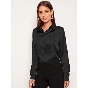 SOLY HUX Women's Satin Silk Long Sleeve Button Down Shirt Formal Work Blouse Top Dark Black XXL