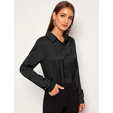 SOLY HUX Women's Satin Silk Long Sleeve Button Down Shirt Formal Work Blouse Top Dark Black XXL