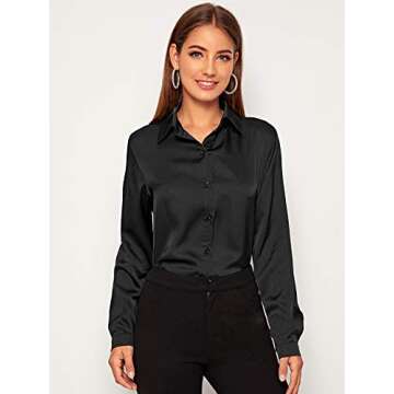 SOLY HUX Women's Satin Silk Long Sleeve Button Down Shirt Formal Work Blouse Top Dark Black XXL