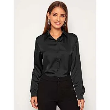 SOLY HUX Women's Satin Silk Long Sleeve Button Down Shirt Formal Work Blouse Top Dark Black XXL