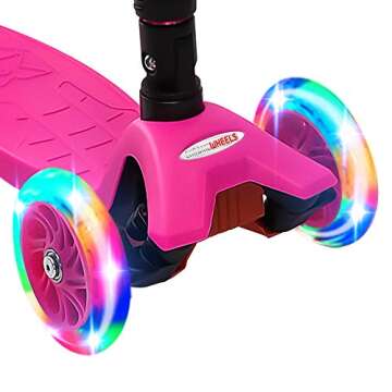 ChromeWheels Scooters for Kids, Deluxe Kick Scooter Foldable 4 Adjustable Height 132lbs Weight Limit 3 Wheel, Lean to Steer LED Light Up Wheels, Best Gifts for Girls Boys Age 3-12 Year Old, Pink