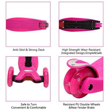 ChromeWheels Scooters for Kids, Deluxe Kick Scooter Foldable 4 Adjustable Height 132lbs Weight Limit 3 Wheel, Lean to Steer LED Light Up Wheels, Best Gifts for Girls Boys Age 3-12 Year Old, Pink